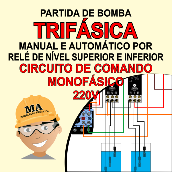 PARTIDA DE BOMBA TRIFÁSICA  MANUAL E AUTOMÁTICO POR RELÉ DE NÍVEL SUPERIOR - CIRCUITO DE COMANDO 220V MONOFÁSICO